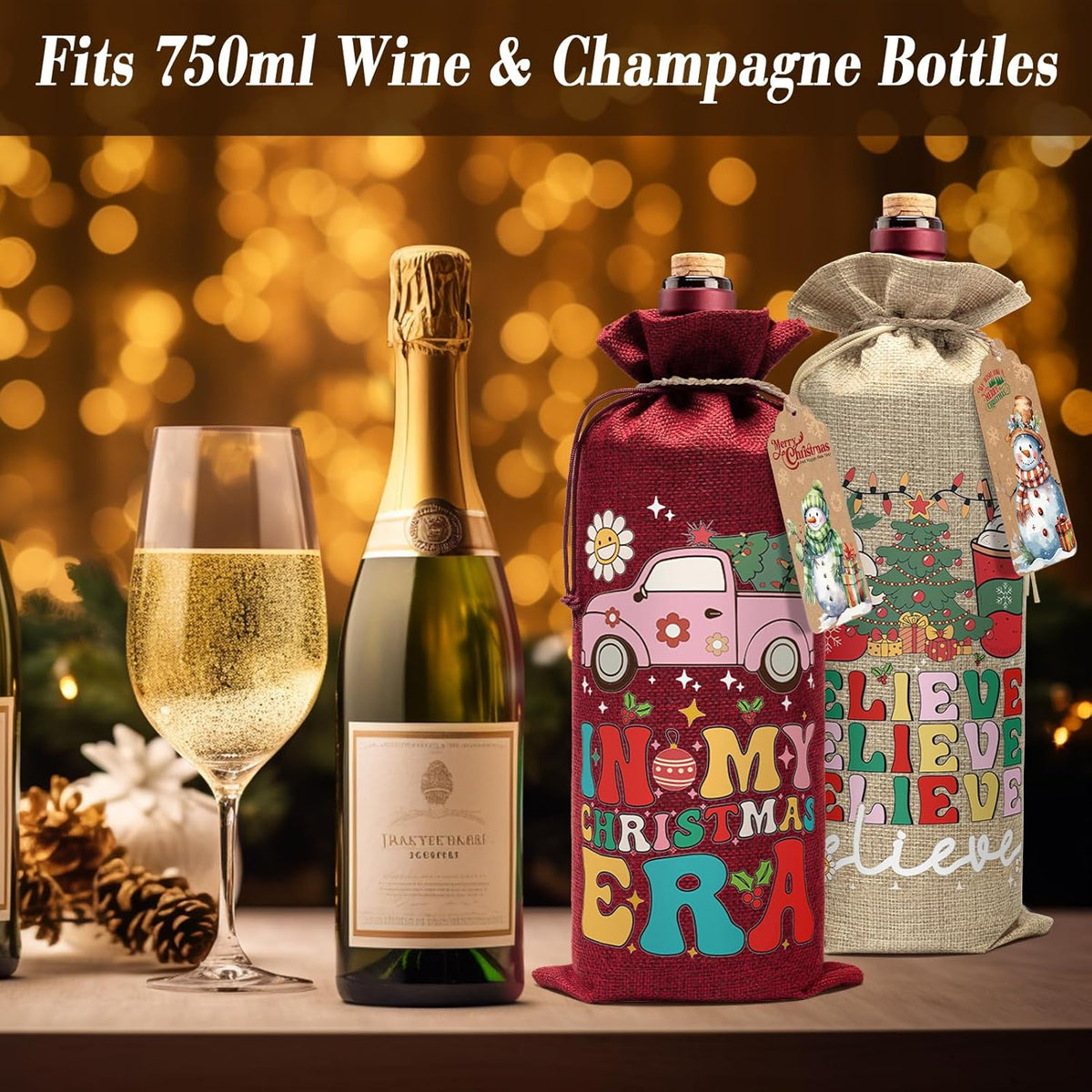 Aoonby 12PCS Burlap Wine Bags Christmas Wines Gift Bag, Drawstring Retro Christmas Bottle Cover Gift Bag w/Tag, Reusable Wines Bags for Bottles Gifts Wine Bottle Covers for Xmas Holiday Party Decor
