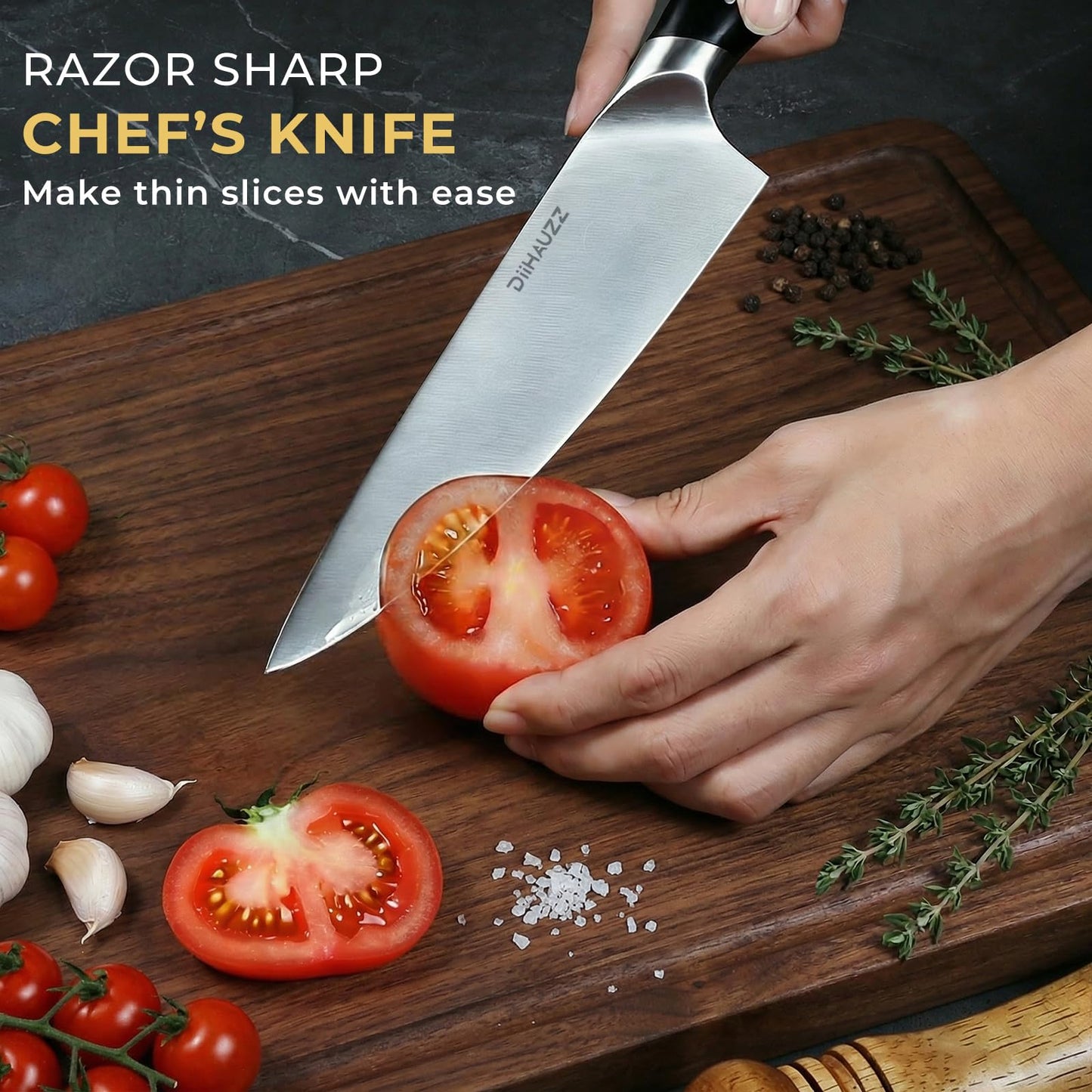 DiiHAUZZ Chef Knife, 8 Inch Ultra Sharp Kitchen Knife, Professional High Carbon Steel Chefs Knife with Full-Tang Ergonomic Handle for Kitchen, Gift Box for Mothers Day Gift