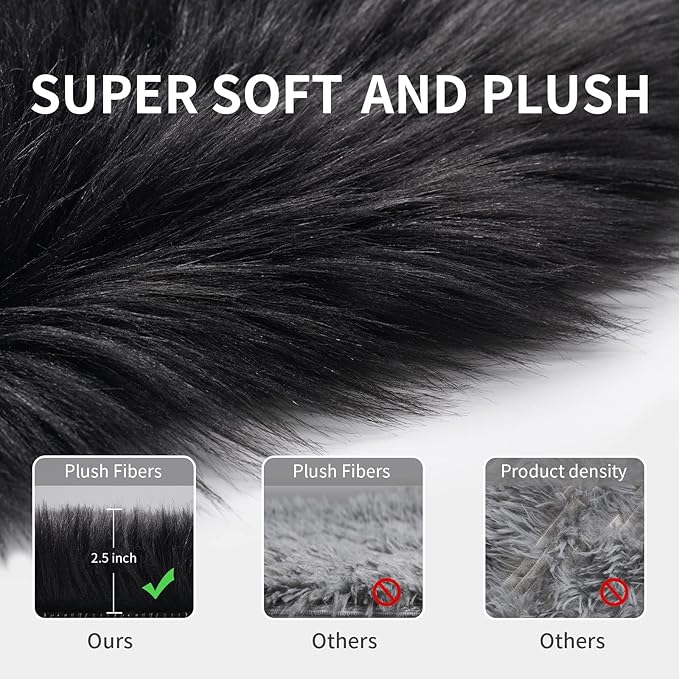 Faux Fur Rug for Bedroom, Black Fluffy Round Rug for Kids Room, Small Furry Circle Rugs 3X3, Soft Shag Circular Rug for Nursery, Fuzzy Plush Floor Carpet, Cute Indoor Decor for Gilrs Teen's Dorm