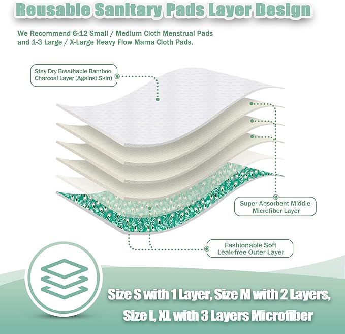 wegreeco Reusable Menstrual Pads - Reusable Sanitary Pads | Reusable Panty Liners | Soft Cloth Menstrual Pads - 6 Pack with 1 Cloth Mini Wet Bag (Medium, Peacock