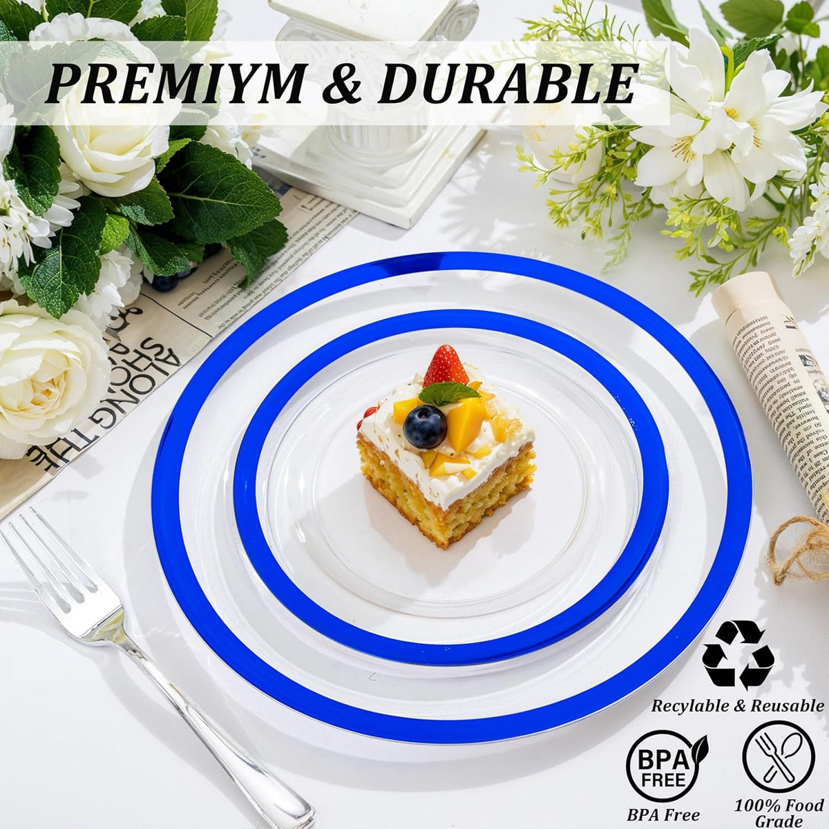 U-QE 120pcs Royal Blue Plastic Plates - Blue Disposable Plates Heavy Duty - Includes 60 10" Dinner & 60 7" Dessert Plates for Party, Birthday