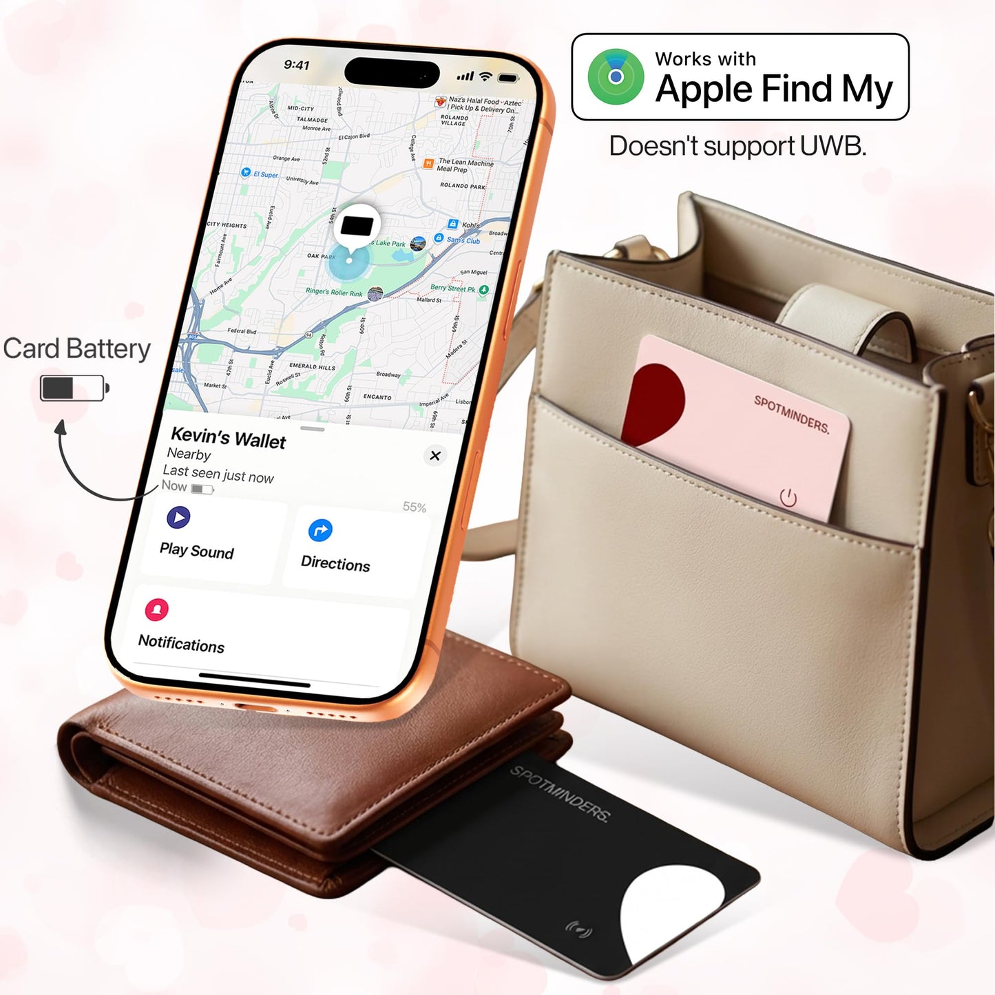 SPOTMINDERS Apple MFi Certified Wallet Tracker 2-Pack Black & Pink (iOS Only) Gifts for Mom 0.07in Works with Apple Find My Rechargeable Tracking Card Slim Item Finder for Mother's Day or Anniversary