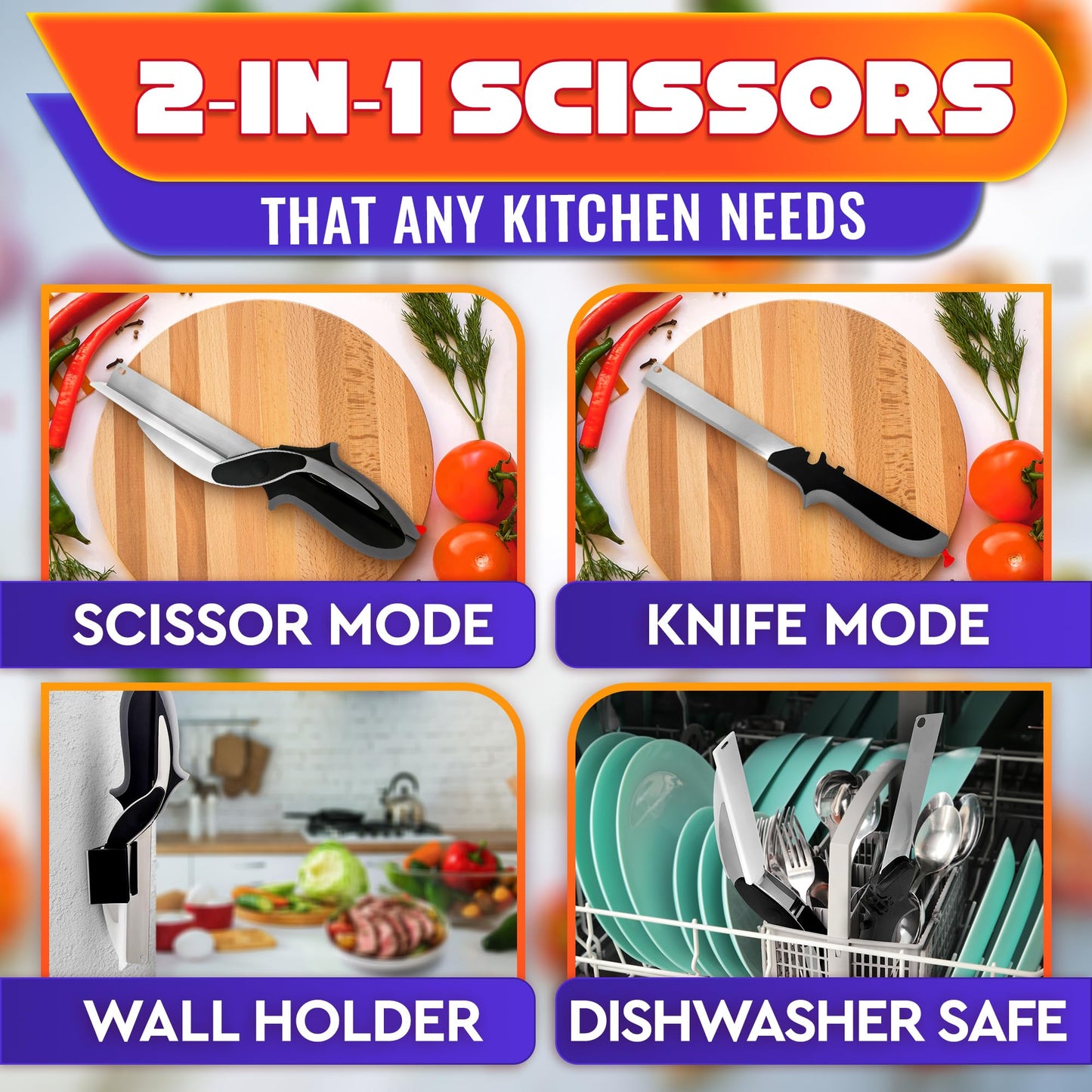2 in 1 Kitchen Scissors for Food – Stainless Steel 9.5" Tomato Knife Chops Vegetables, Fruit, Cheese, Meat in Seconds | Dishwasher Safe Cutting Board Scissors with Safety Lock – Mess-Free Prep