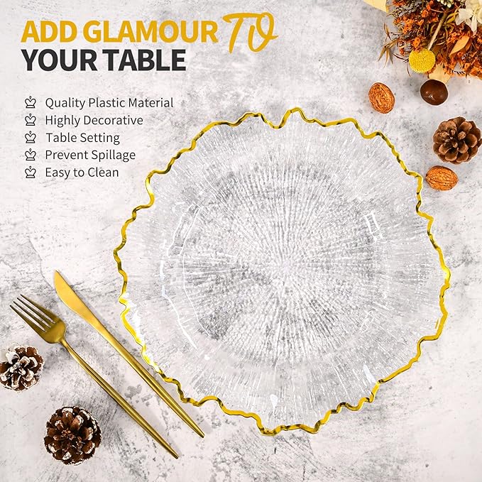 24 Pcs Clear Charger Plates Bulk 13 Inch Plastic Charger Plates for Dinner Plate, Clear with Gold Rim Chargers for Table Setting, Reef Design Plate Floral Decor Round Chargers for Wedding Party Event