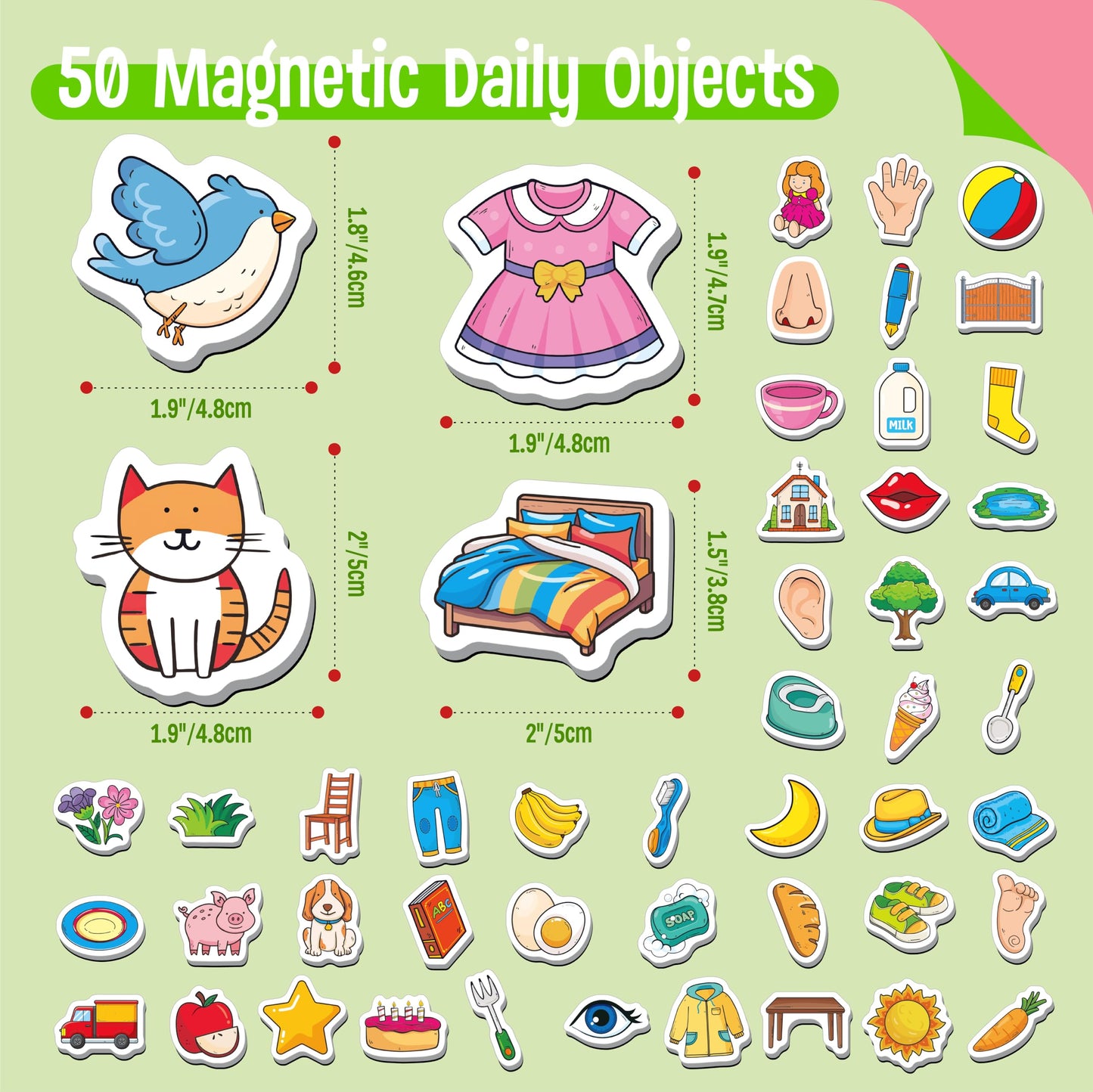 50 PCS First Word Magnets, Magnetic Thickened Daily Items Fridge Magnets Adorable Educational Learning Toys for Kindergarten, Preschooler, Kids 3+