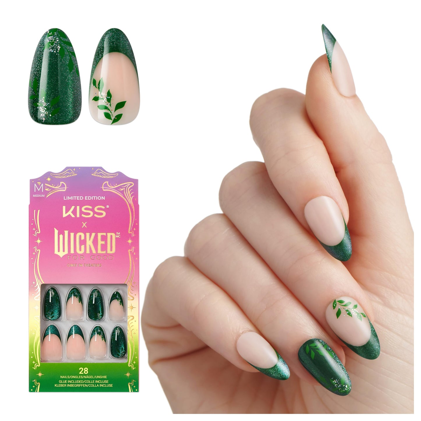 KISS X WICKED: FOR GOOD Press On Nails Almond, ‘Dreams Take Flight’, Green, Medium, Waterproof, Chip Proof, Smudge Proof, 28 Fake Nails, Pink Gel Nail Glue (2g), Mini Nail File, & Manicure Stick