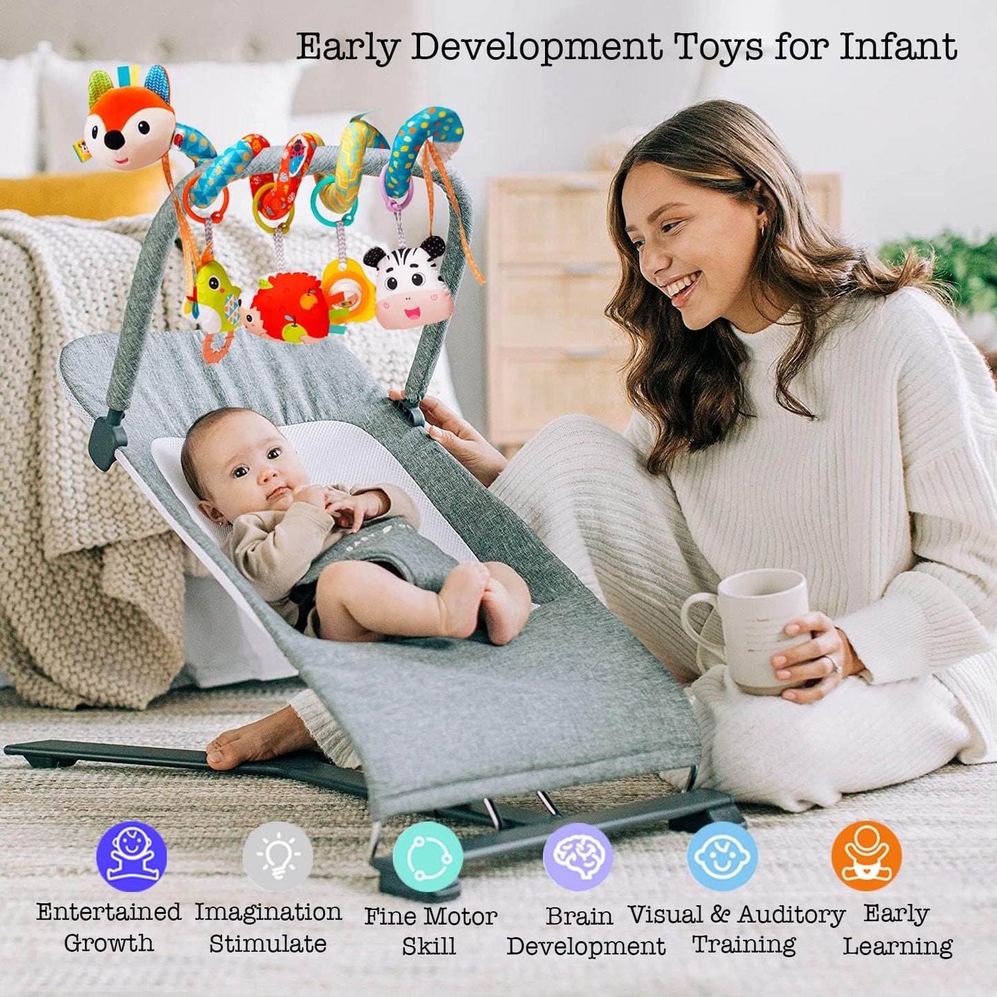 Baby Car Seat Toys, Infants Activity Spiral Plush Toys for Babies 0-6 Months Hanging Stroller Toy Gift for Infant Boys and Girls 0 3 6 12 Months Newborn Sensory Toy with Rattles Squeaker Music - Fox