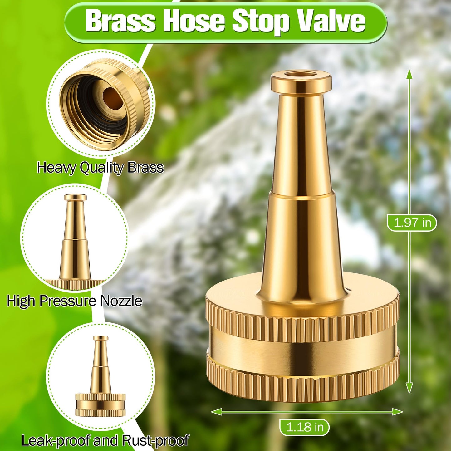 Dunkive 3 Pcs Garden Hose Nozzle Kit, 4" Brass Adjustable Twist Nozzle, Jet High Pressure Water Sprayer, Brass Hose Shut Off Valve with 10 Rubber Washers, 3/4" GHT Connector for Garden Sprinkler