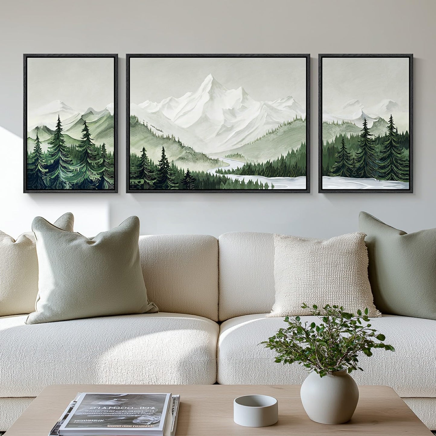 Framed Green Mountain Wall Art for Living Room, 3 Piece Forest Landscape Canvas Artworks, Large Modern Nature Scenery Painting Prints for Dining Room Hallway Home Office Wall Decor