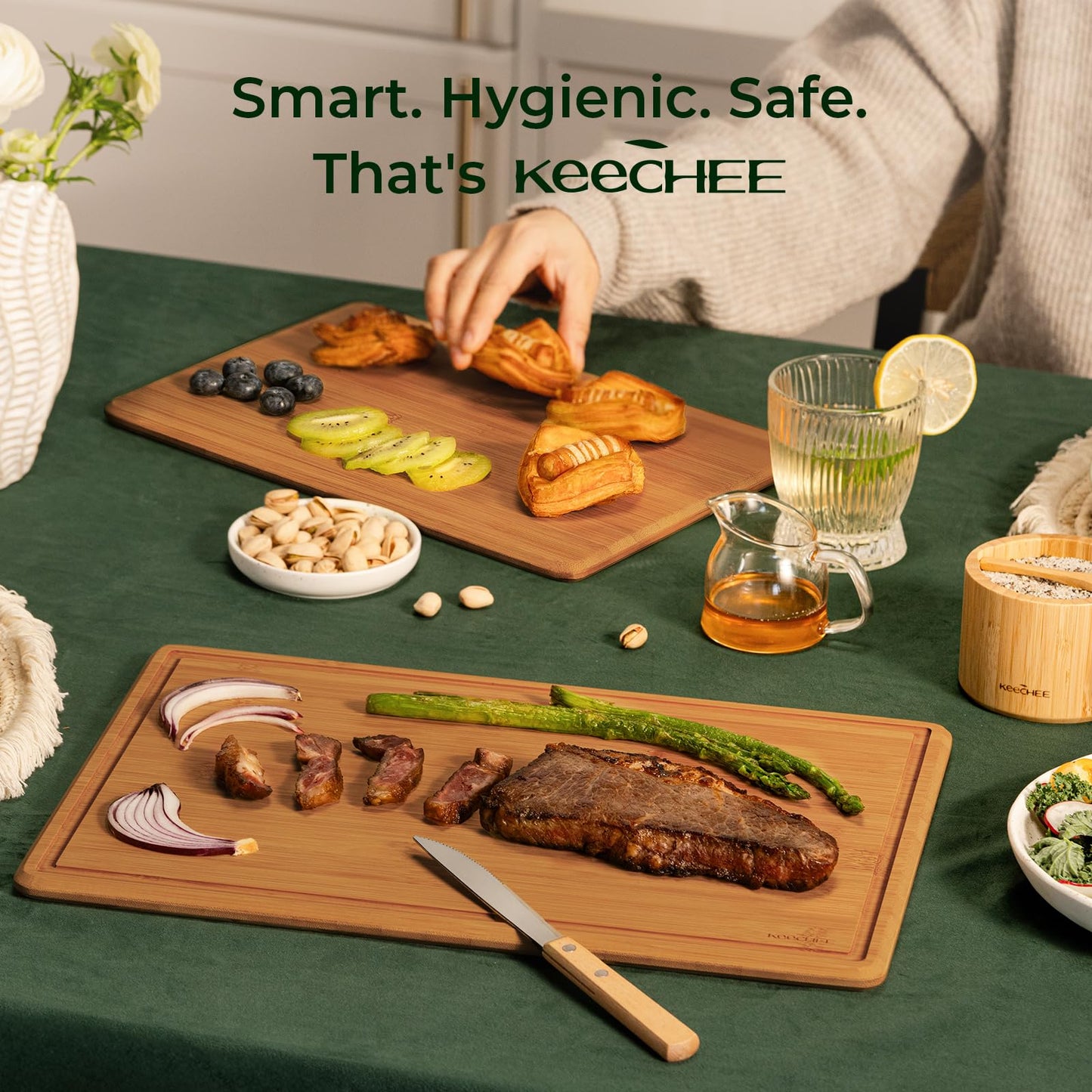 Keechee 2Pcs Cutting Board Set with Non-slip Mat, Bamboo Cutting Boards for Kitchen Meal Prep & Serving - Wood Serving Board Sets with Deep Juice Groove Ideal Kitchen Gifts
