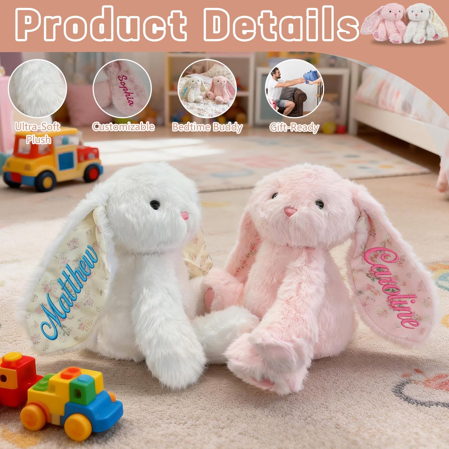 Evulum Personalized Hugging Plush Bunnies Set of 2, Valentines Day Gift for Couples, Custom Bunny Stuffed Animal with Embroidered Name/Date, Easter Gift for Kids