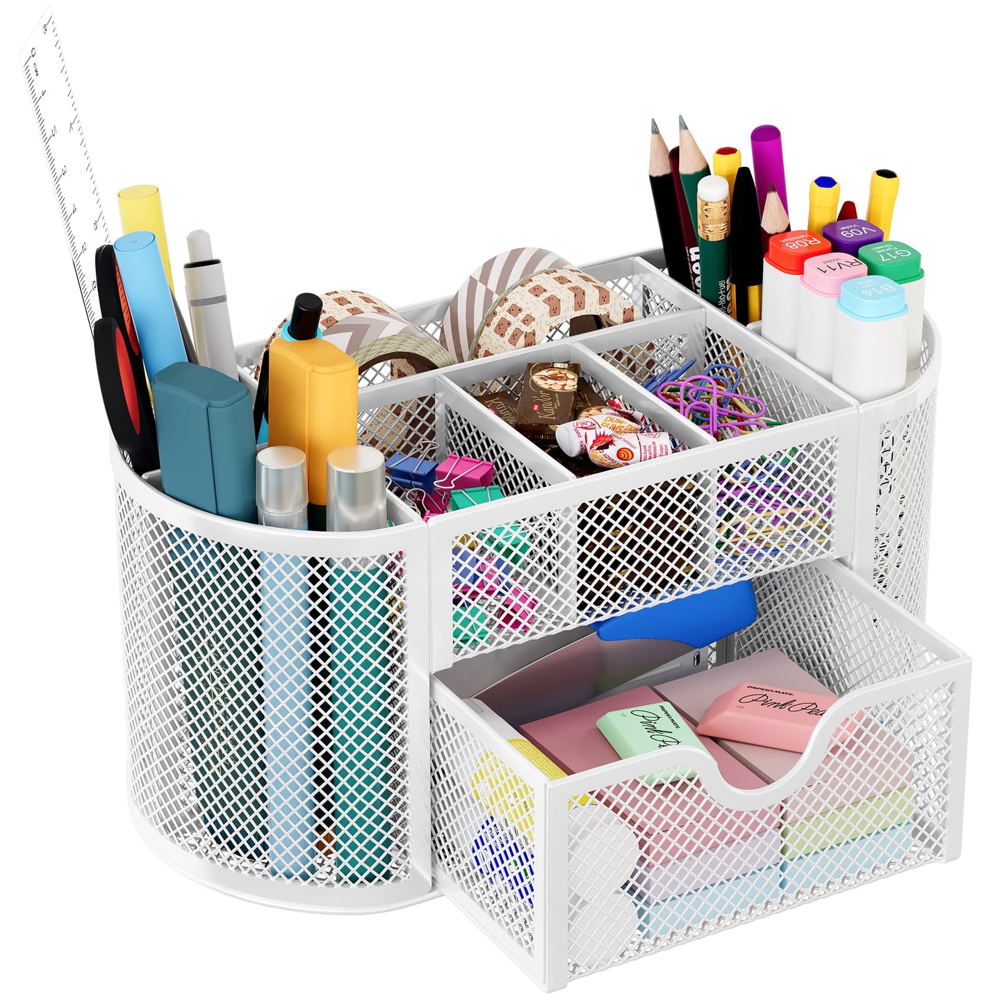 EasyPAG Mesh Pen Holder Desk Organizer with Drawer Stationery Supplies Organizer for Dorm School 9 Compartments Workspace Desk Accessories Organization for Office, White