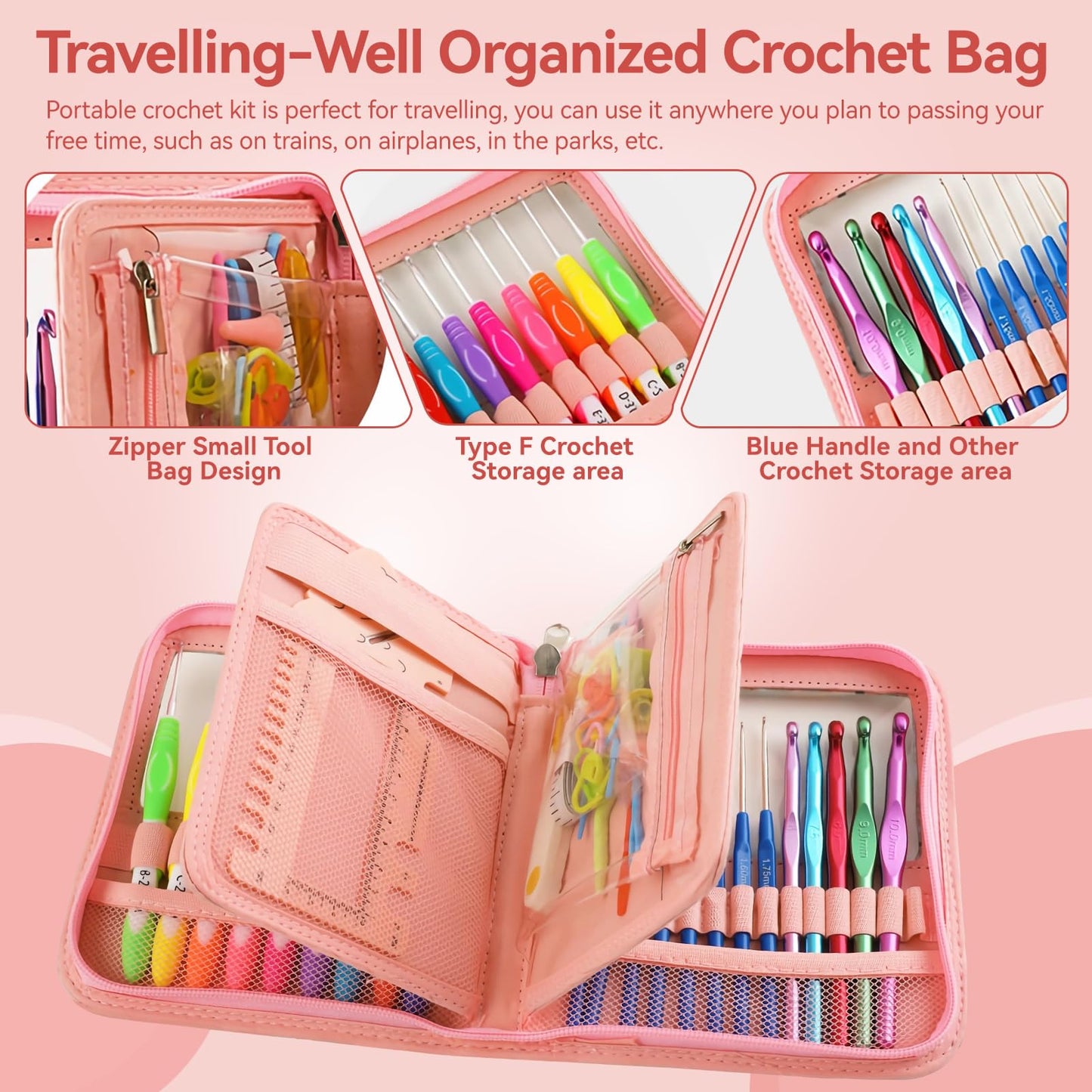 Dasonwin 60-Piece Ergonomic Crochet Hooks Set with Travel Case - Aluminum Crochet Needles Kit for Beginners & Experts, Arthritis-Friendly Design, Includes Stitch Markers & Accessories (Pink)
