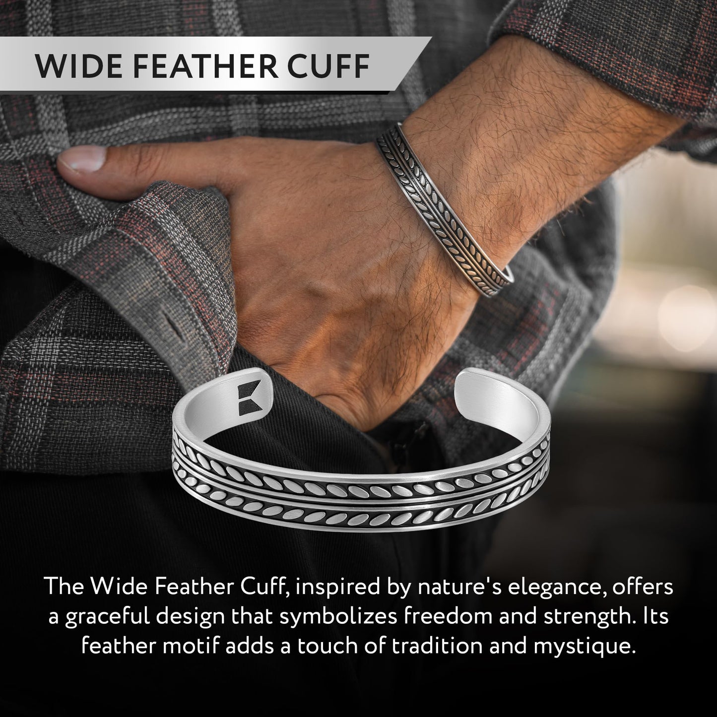 RTZN® Cuff Bracelet for Men – Premium Stainless Steel Mens Bangle Bracelets – Silver Mens Cuff Bracelet – Waterproof & Non-Tarnish Minimal Men Western Bracelet (Native Feather, Large)
