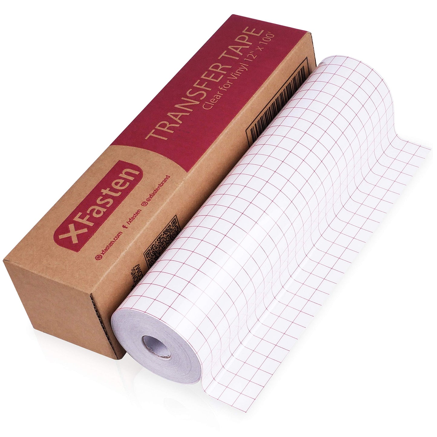 XFasten Clear Transfer Tape for Vinyl, 12" x 100' Transparent Medium-Tack Vinyl Transfer Sheet Roll, w/Red Alignment Grid – Ideal for Self-Adhesive Vinyl Sheet Signs and Sticker Decals | Easy to Weed