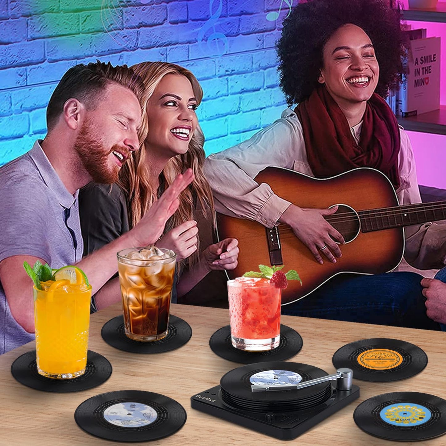 Funny Retro Record Coasters for Drinks with Vinyl Player Holder - Set of 6 Coaster White Elephant Gifts for Music Lovers, Conversation Piece Sayings,Housewarming Hostess Wedding Registry Gift Ideas