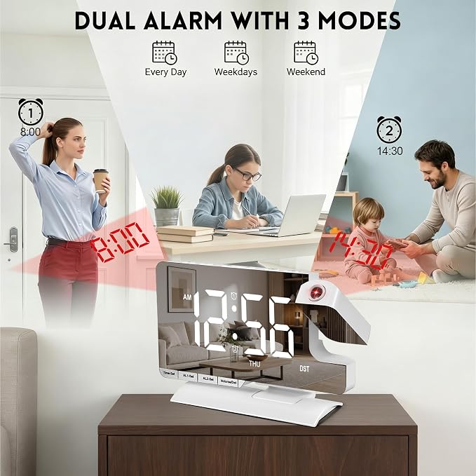 Projection Clock,Alarm Clocks for Bedrooms,7.3"Mirror Bedside Clock