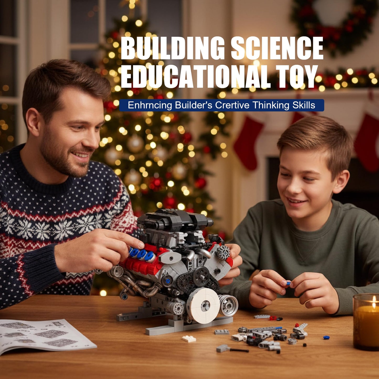 HUNKING V8 Engine Building Set for Adults, Build Your Own MOC Mini V8 Engine STEM Model Toy with Motor, Model kit that Run, Car Engine Building Blocks for Teens & Kids Boys (1189PCS)