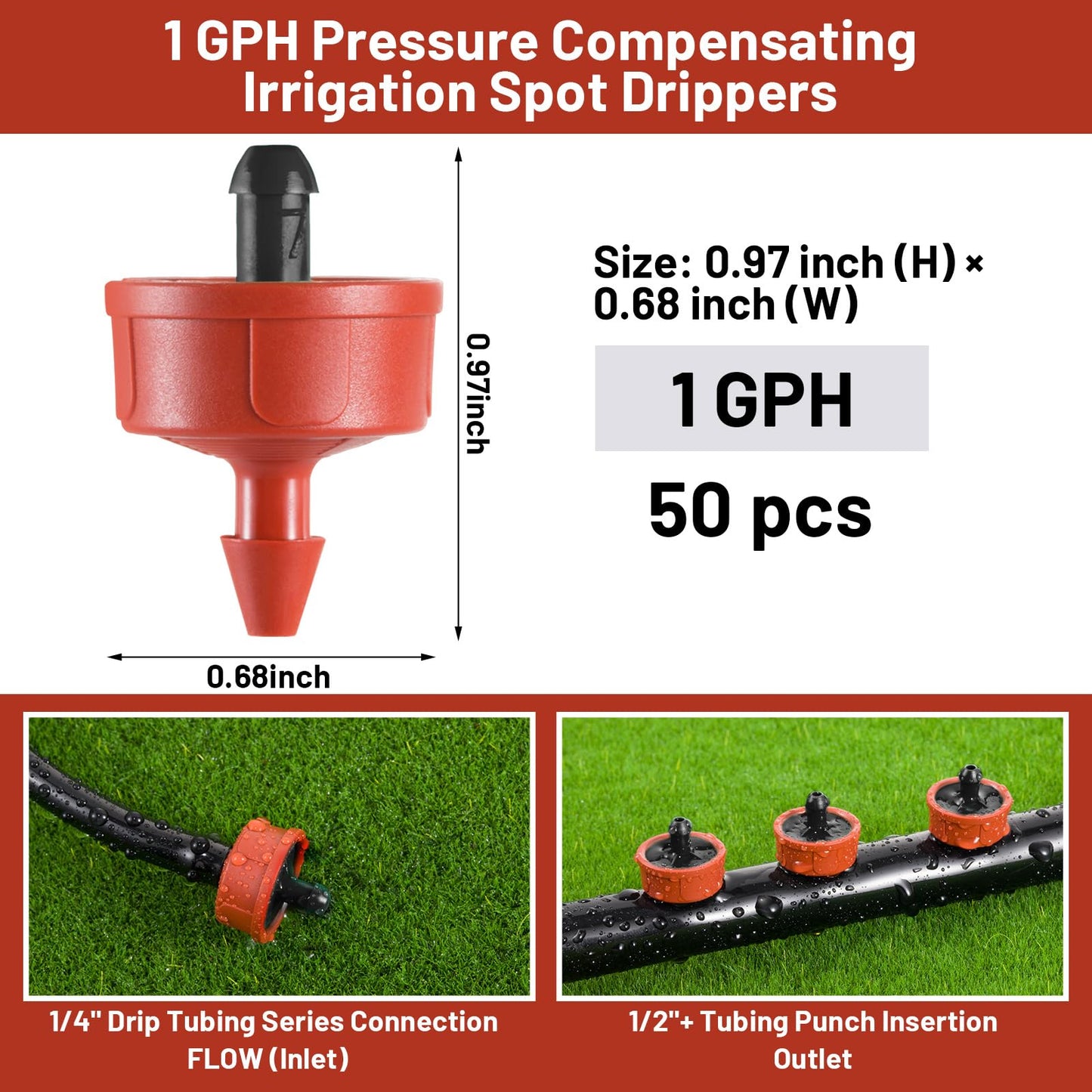50 PCS 1 GPH Pressure Compensating Drip Irrigation Spot Watering Dripper, Standard Flow Drip Irrigation Emitters Heads for Vegetables Flowers Irrigation Drippers Parts for Outdoor Garden Beds Balcony