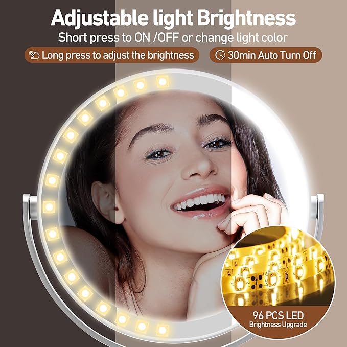 Magnifying Mirror with Light 20X, Height-Adjustable Lighted Makeup Mirror with Magnification, Double-Sided Aluminum Alloy LED Mirrors, 3 Lighting Modes Ideal for Bathroom Make-up, Silver