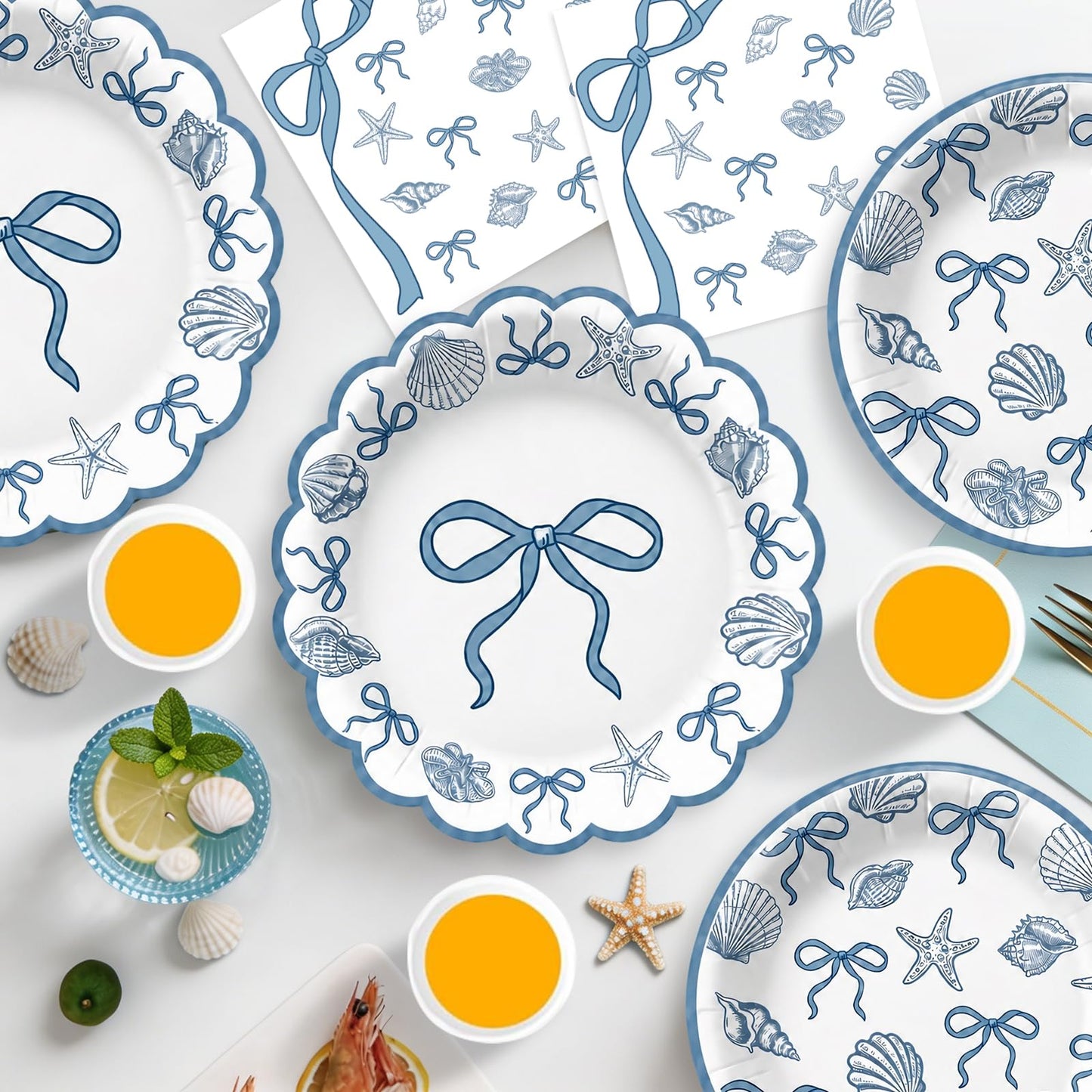 Seashell Party Decorations Ocean Sea shell Party Plates Supplies Blue Bow Seashell Paper Plates Napkins Tablecloth for The Summer I Turned Pretty Party Decorations, Serves 24