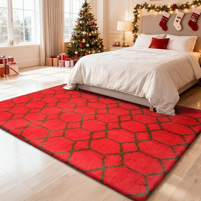Shag Area Rug for Bedroom 5x8,Fluffy Area Rugs for Living Room,Geometric Soft Fuzzy Rug Non-Shedding Indoor Plush Carpet for Kids Bedroom Nursery Dorm Home Christmas,Red and Green