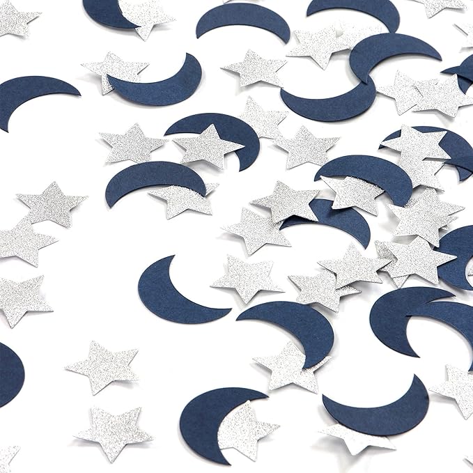 Navy-Blue Moon Silver Star Confetti - 300pcs Glitter twinkle little star Table Confetti,Ramadan Mubarak Decor Birthday Wedding Baby Shower Party Decorations Lasting Surprise