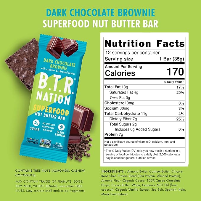 B.T.R Nation Keto Superfood Protein Bars, Plant Based Vegan - Brownie RECHARGE | 12 Bars | Low Carb and Gluten Free, Free of Sugar Alcohols and Boosted with Powerful Superfoods