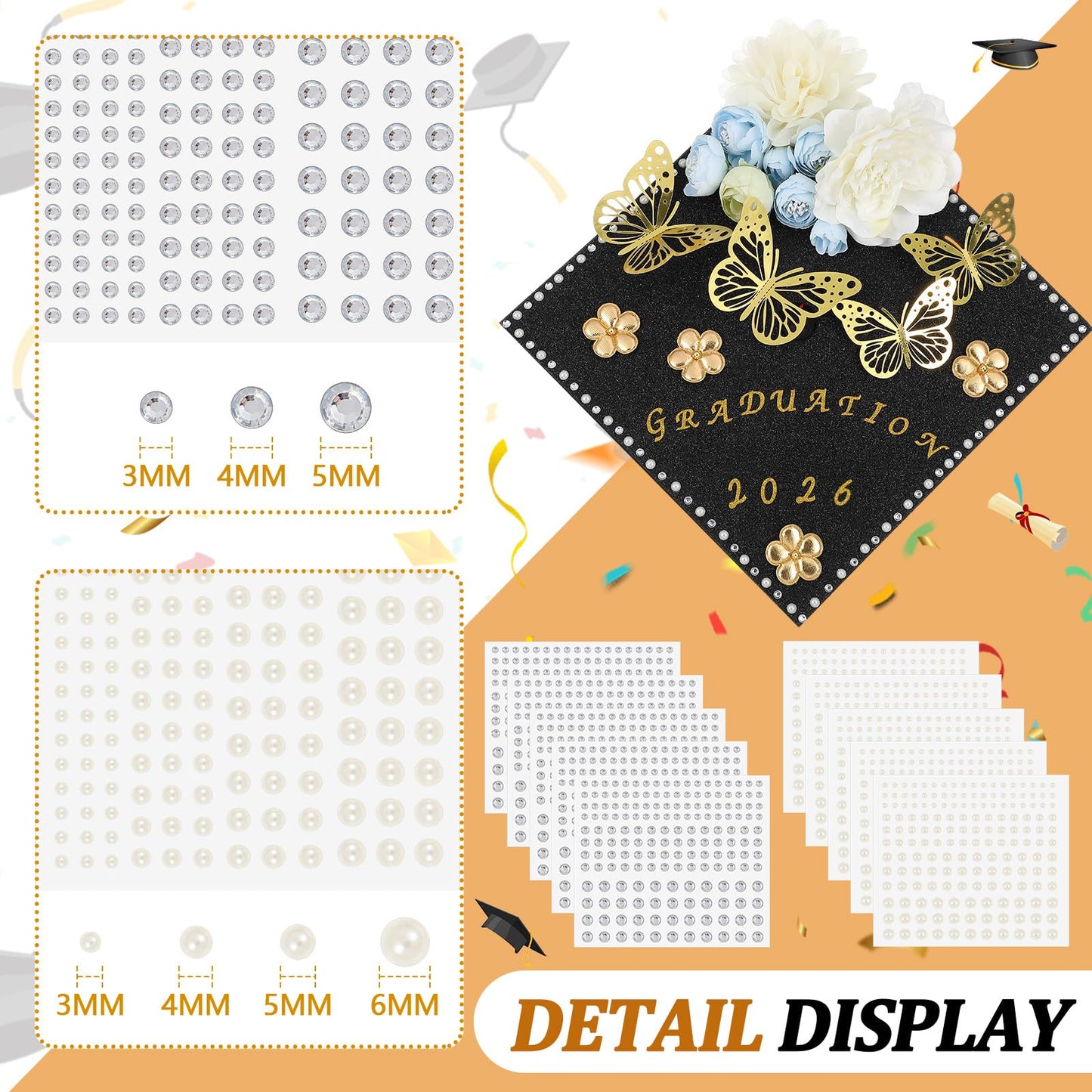 Colarr 68 Pcs Graduation Cap Decorations Kit 2026 Glitter Construction Paper Gold Artificial Flower 3D Butterfly Stickers Glitter Rhinestones Alphabet Letter Number Stickers for DIY Grad Cap Topper
