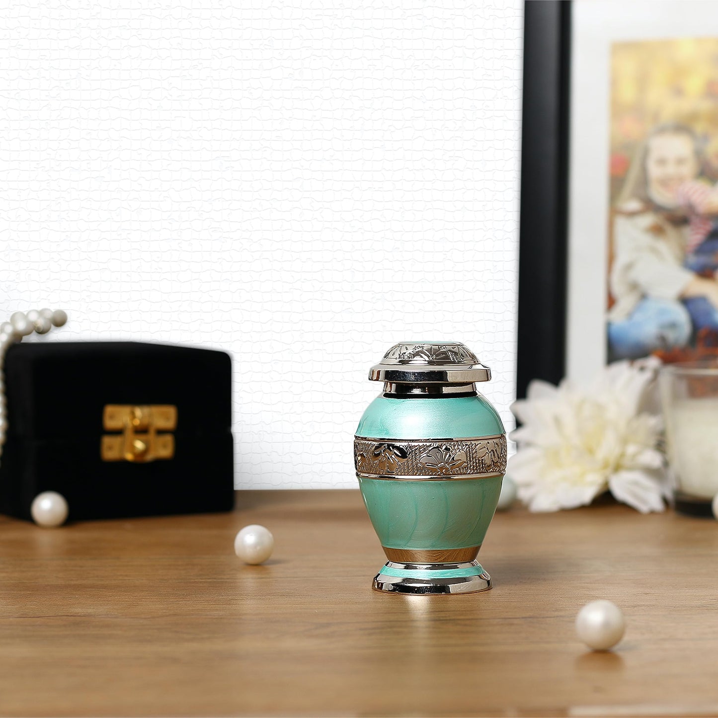 THE ASCENT MEMORIAL Azure Blue Engraved Small Keepsake Urn for Funeral Ashes Men Women | Ocean Blue Mini Cremation Urns for Human Remains | Velvet Carry Bag | Paper Funnel | Gift Box