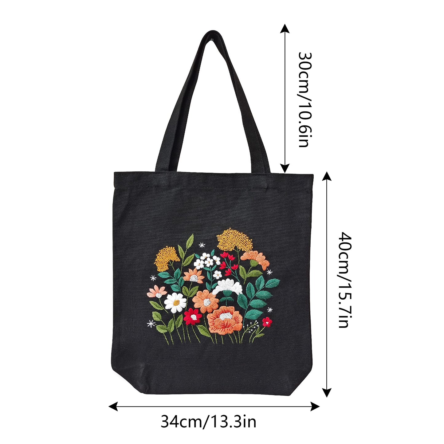 MAMUNU Canvas Tote Bag Embroidery Kit with Pattern for Beginners, Arts and DIY Crafts Kits for Adults, Include Instructions Embroidery Bag, Embroidery Hoops, Color Threads and Tool (Black)