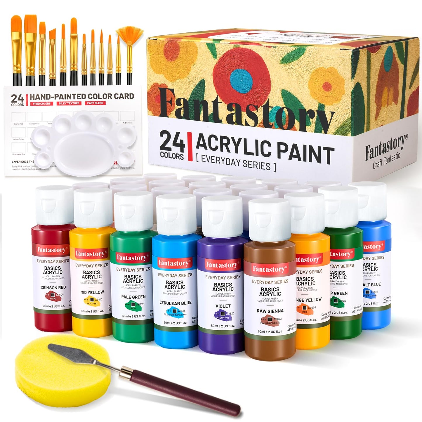Fantastory Acrylic Paint Set, 24 x 60 ml with 12 Brushes; Christmas Acrylic Paint, Waterproof; For Artwork & DIY Projects on Canvas, Wood, Glass, Clay, Fabric, Ceramic, Paper, Canvas