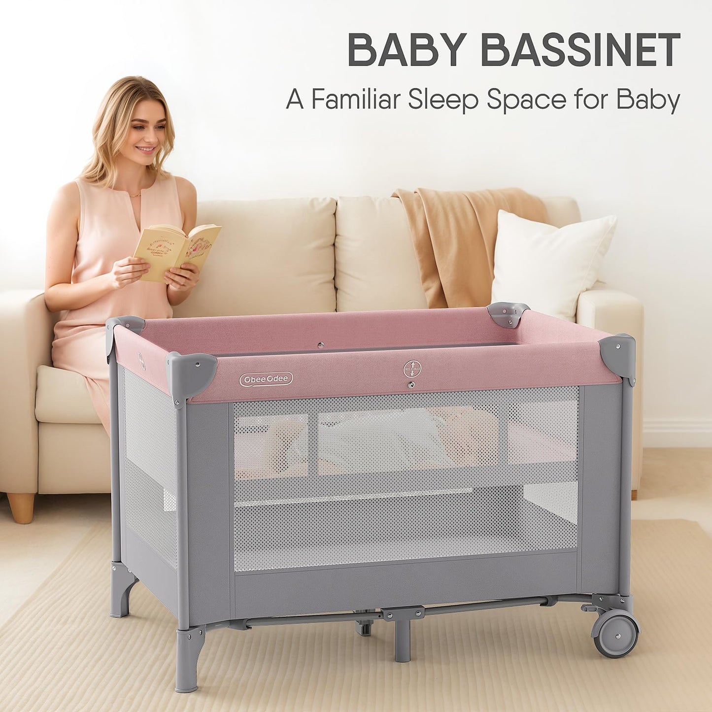 Obee Odee 4-in-1 Baby Bassinet with Playard, Napper Bassinet, Changing Table, Mosquito Net & Canopy, Storage and Toys for Newborn to Toddler