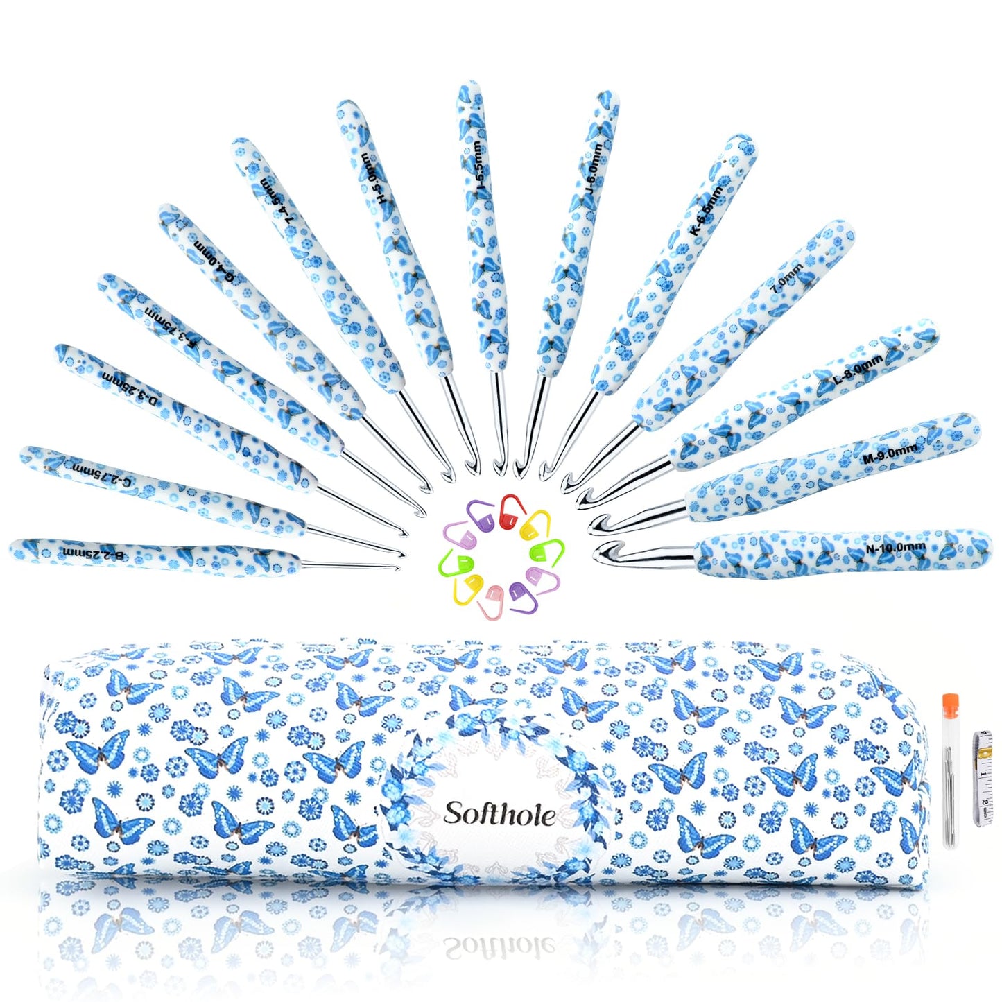Ksheria Crochet Hooks Set with Case 14 Size Blue Butterfly Flower Pattern for Arthritis Hands, 2.25mm(B)-10mm(N) Crochet Needles for Beginners Christmas Gift New Year's Presents Crochet Lovers