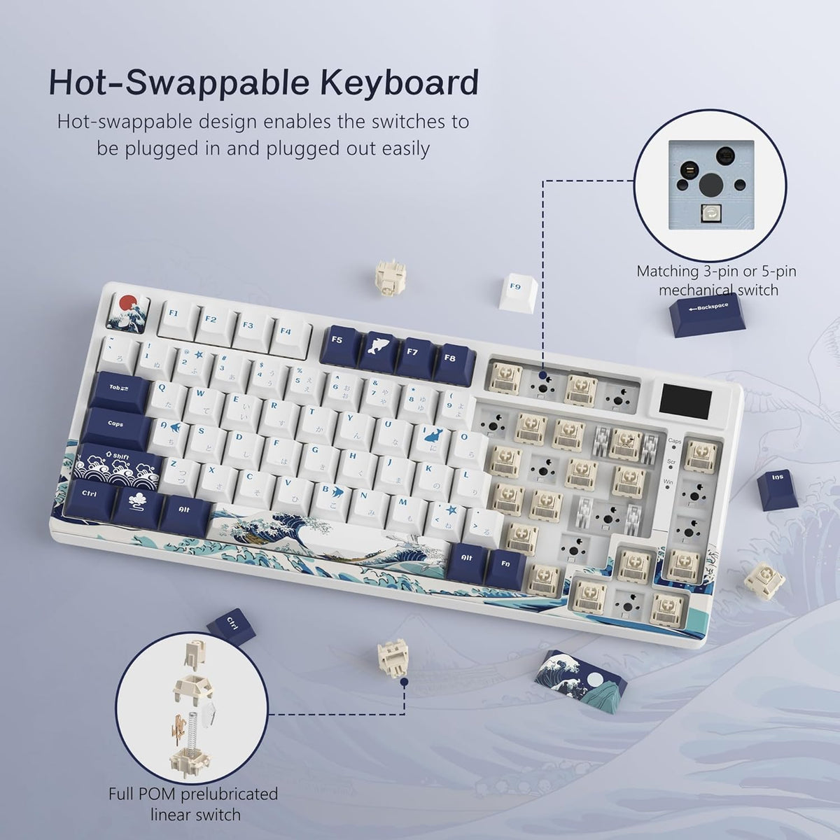 Womier S-K80 75% Keyboard with Color Multimedia Display Mechanical Gaming Keyboard, Wired Hot Swappable Gasket Mount RGB Custom Key Board, Pre-lubed Stabilizer for Mac/Win, White Kanagawa