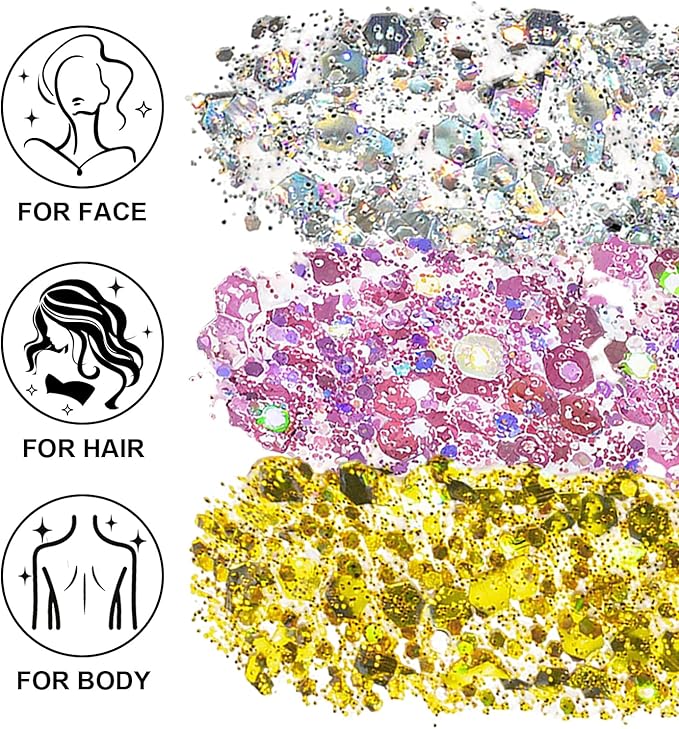 Face Body Glitter Set for Women and Kids, Silver Pink Gold Holographic Mermaid Sequins Chunky Glitter Makeup for Prom, Music Festival Rave Accessories, Mardi Gras, Halloween Themed Party