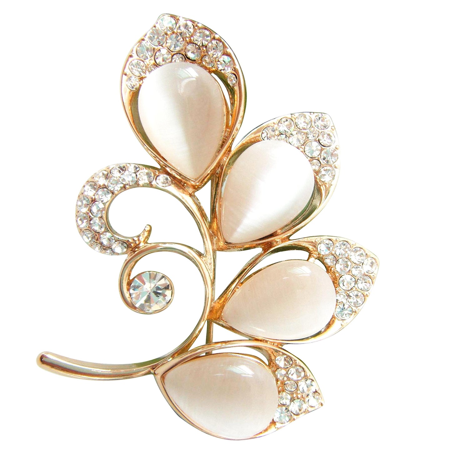 Navachi 18k Gold Plated White Created-Opal Crystal Branches Leaves Brooch Pin
