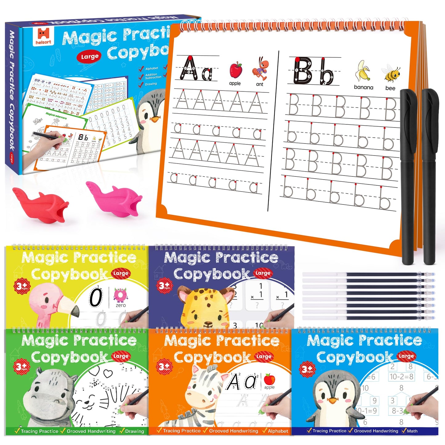 Large Magic Grooved Writing Practice Books for Kids, Reusable Grooved Handwriting Workbooks, Number Letter Tracing Books for Kids Age 3-8 Kindergarten Preschool Calligraphy