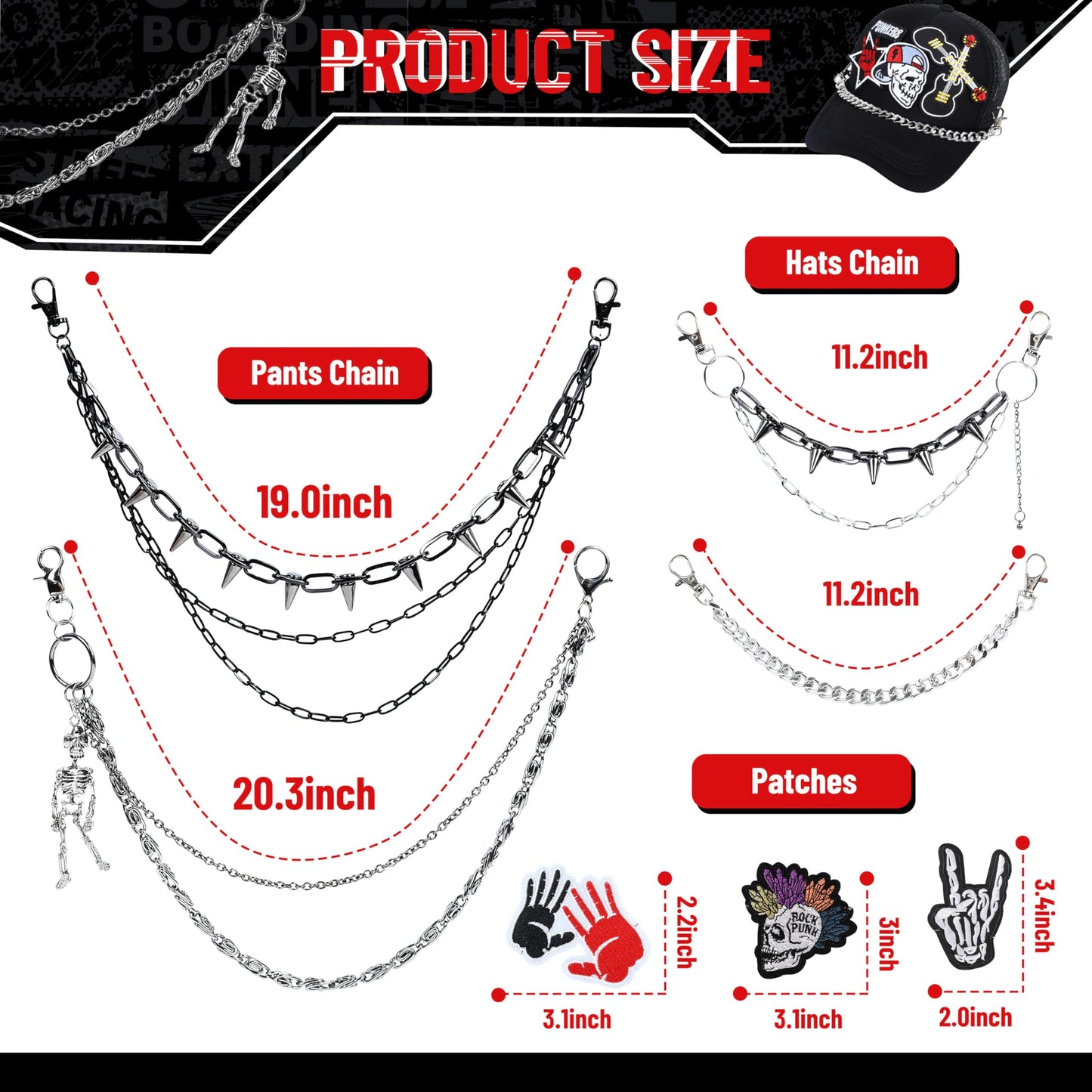 Meneng Punk Chains Kit for Men: 24PCS Black Hats Pants Chain with Embroidered Patch - Goth Hip Hop DIY Crafts for Jeans Wallets Belts Pockets Trucker Hats