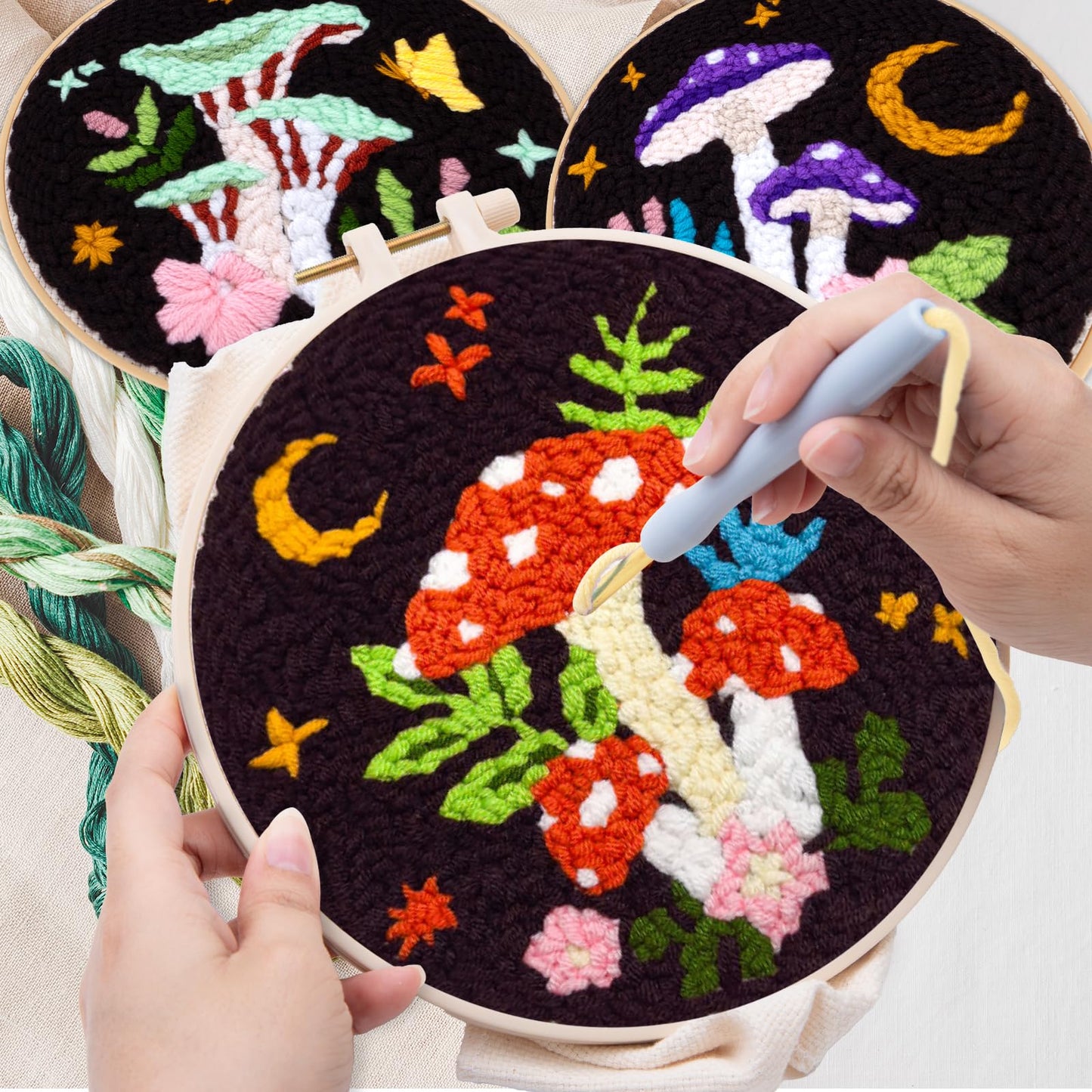 Nuberlic 3 Pack Punch Needle Kits for Beginners Mushroom Embroidery Pattern with Hoop Embroidery Punch Needle Starter Craft Set, Perfect Handmade Gift for Adults & Teens (Beginner-Friendly Crafts)