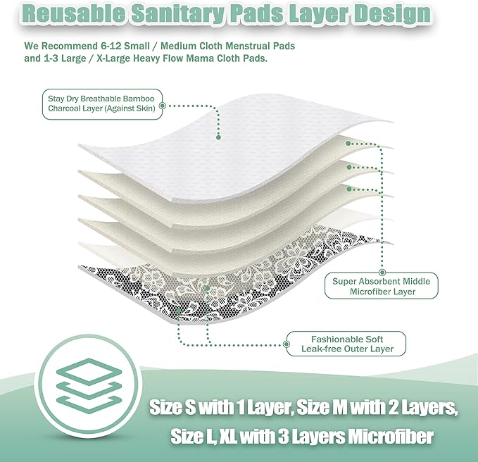wegreeco Reusable Menstrual Pads - Reusable Sanitary Pads | Reusable Panty Liners | Soft Cloth Menstrual Pads - 6 Pack with 1 Cloth Wet Bag (Black, Grey Lace, Medium