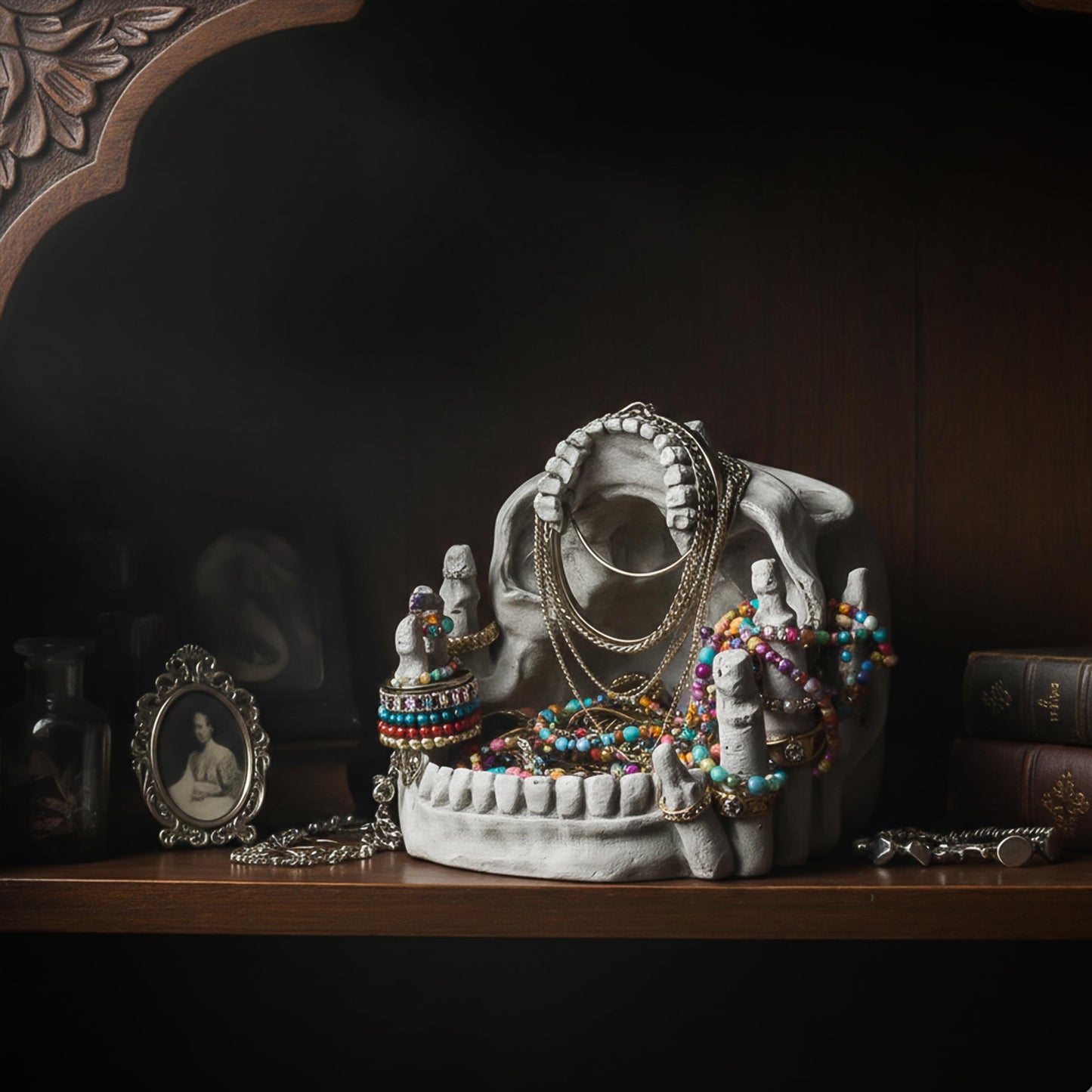 Resin Skull Shaped Jewelry Holder for Ring & Charm, Gothic Skull Decorative Storage for Earring Trinket, White Dark Aesthetic Halloween Decor, Shelf Display Gift for Bedroom, Living Room Home Office