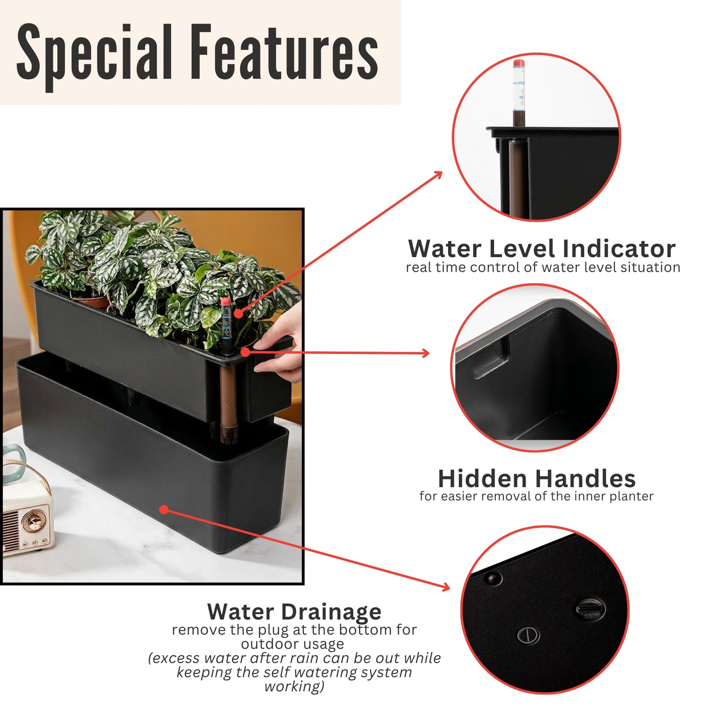 LaLaGreen Railing Planter Boxes (16 Inch, 4 Pack) Black Rectangular Plastic Window Box Planters with Self-Watering System Metal Brackets, Outdoor Plants Herbs Flowers Deck Balcony Fence Garden Decor