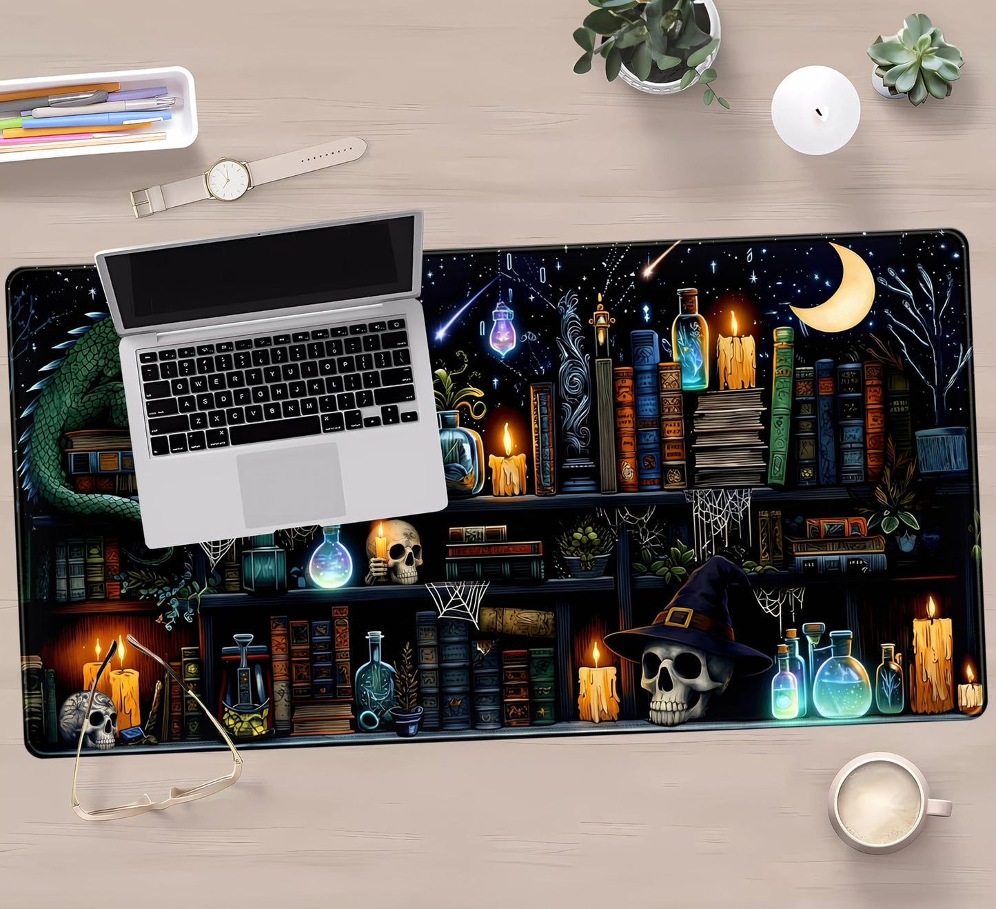 Black Desk Mat Gaming Desk Pad Large Mouse Pad, Mysterious Library Mouse Mat XXL Laptop Keyboard Pad, Vintage Gamer Mouse Pad Full Desk Mousepads Cool Office Desk Accessories 31.5"x15.7"