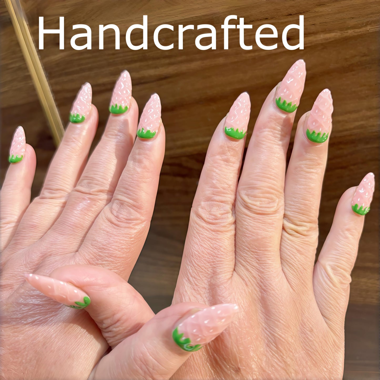 Handcrafted Press On Nails Cute Strawberry Pink Theme Fresh Fruit Pattern 100% Handmade Realistic Artistic Fake Nails Gifts For Women (Pink Strawberry, Medium M)