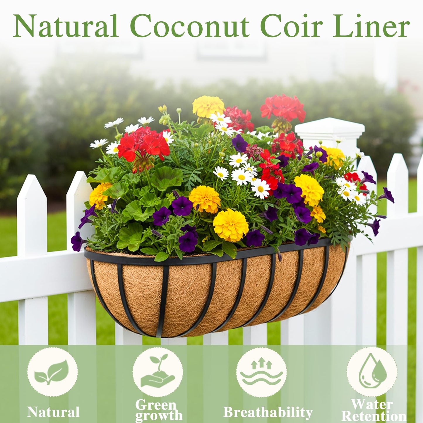 24 Inch Railing Planter Window Box Deck Balcony Rail Planter with Coco Liner Metal Wall-Mounted Coconut Liner Planter Basket English Horse Trough Planters for Outdoor Balcony Porch Fence (2 Pack)