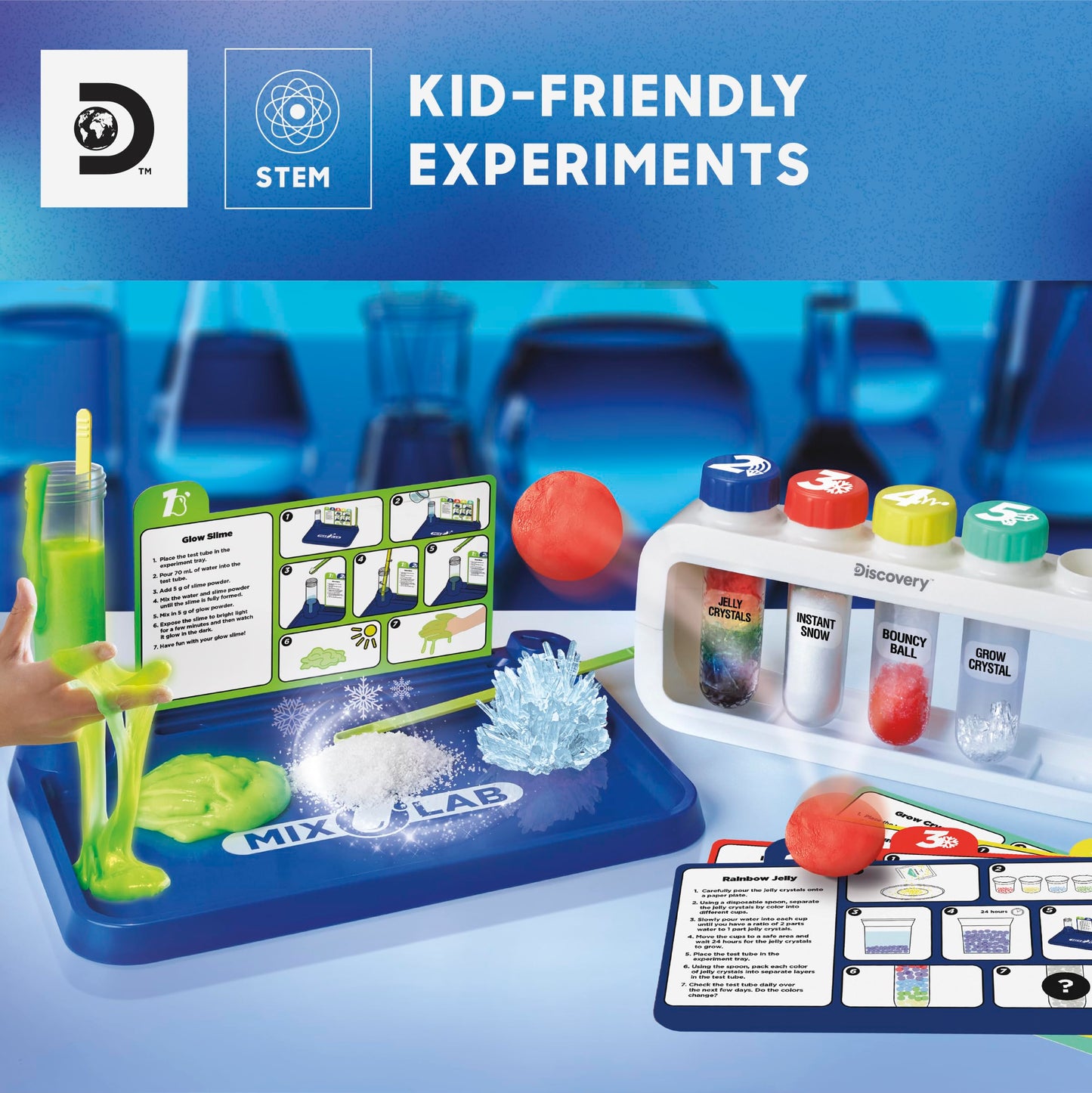 Discovery Sensory Science Test Tube Chemistry Lab| 5 STEM Experiments| Glow Slime, DIY Bouncy Ball, Crystal Growing, Instant Snow| Science Kit for Kids| Educational Learning Toy| Gift for Ages 6+