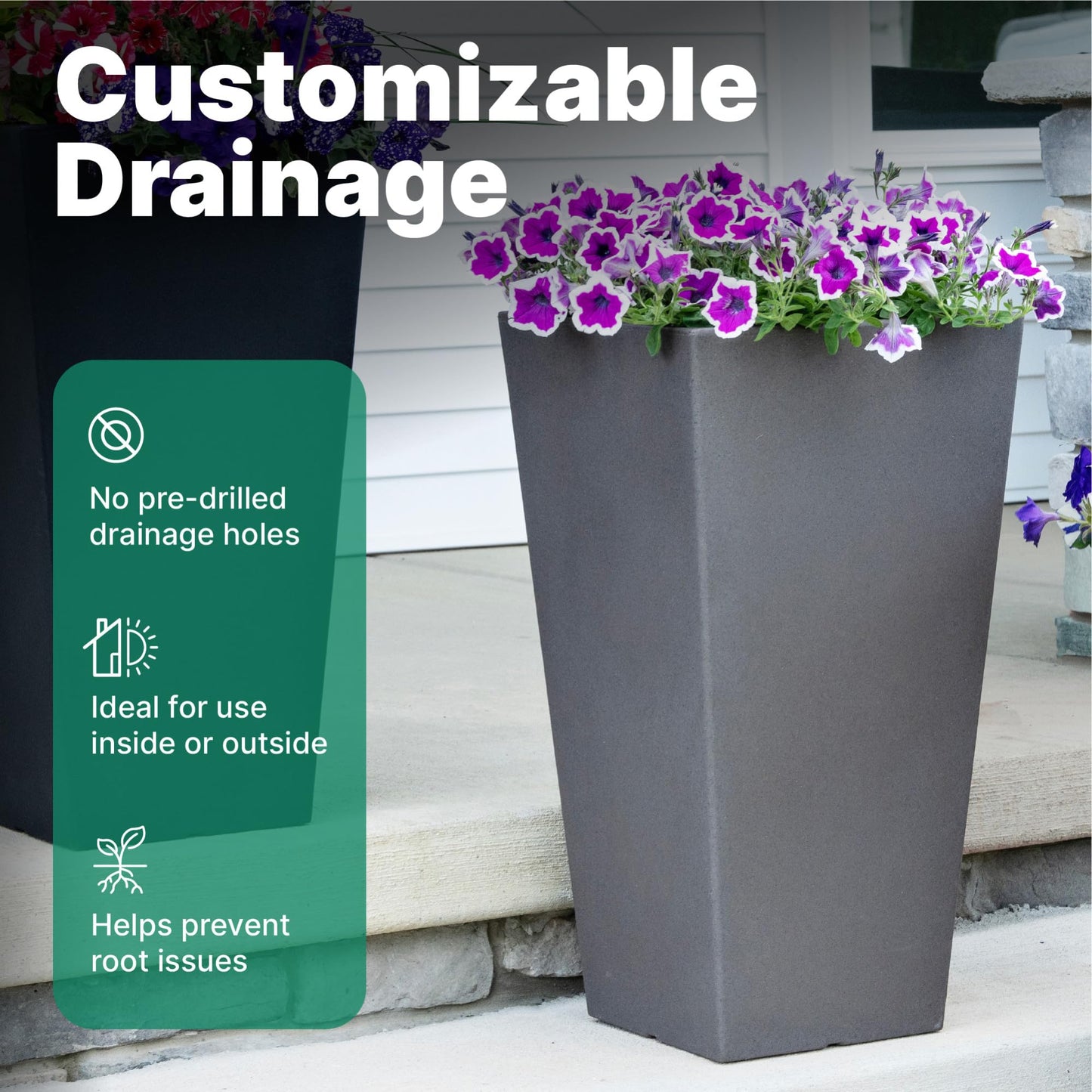 Step2 Tremont Tall Square Tapered Planter, 28" 2-Pack, Indoor/Outdoor Plants, Efficient Drainage, Durable Resin, Dark Cedar