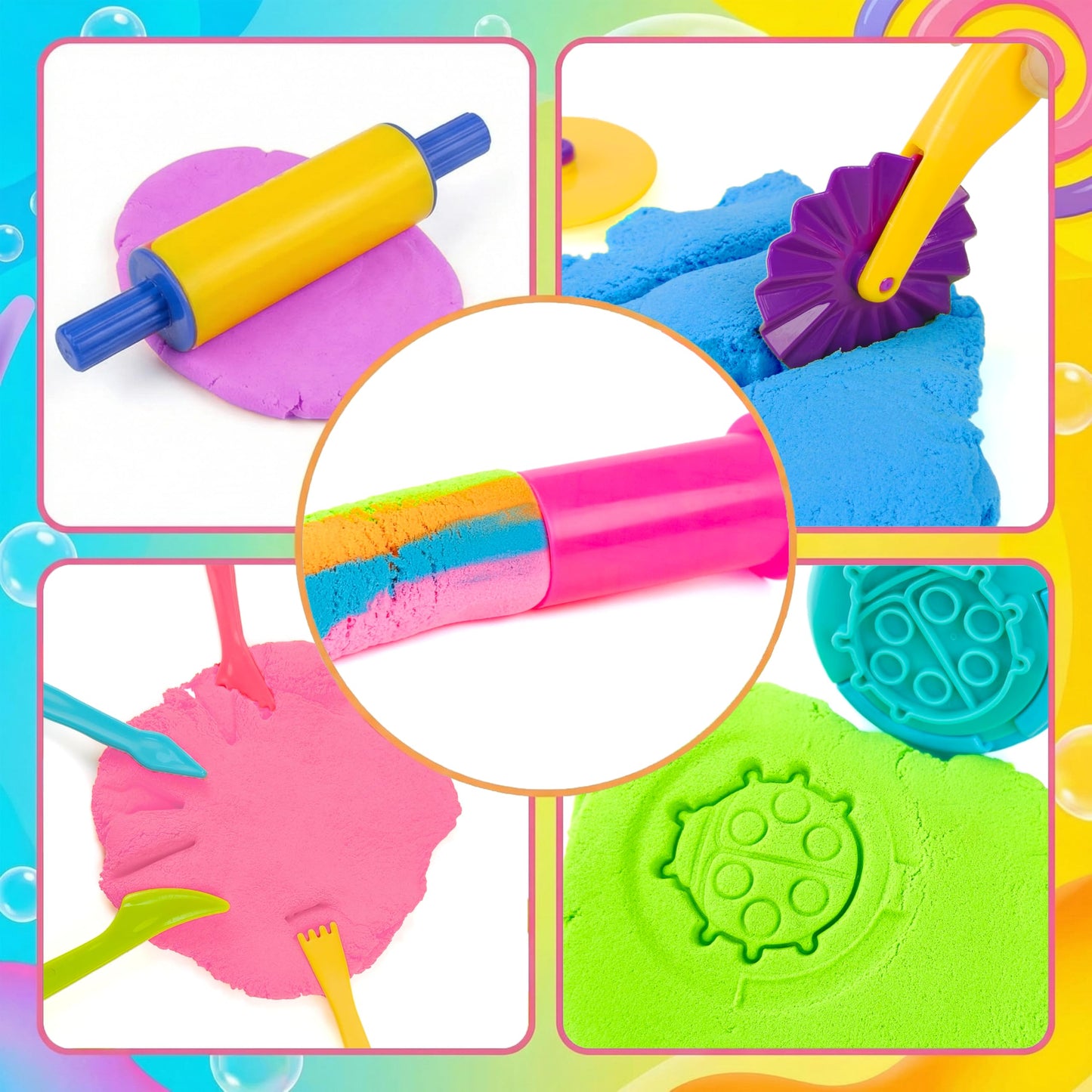 Carolart Sand and Dough Tools Set, 6 Colors Cloud Sand Kit with Storage Box, Play Tools with Clay Accessories, Rolling Pin, Educational Toys and Gift for Toddlers Age 3+