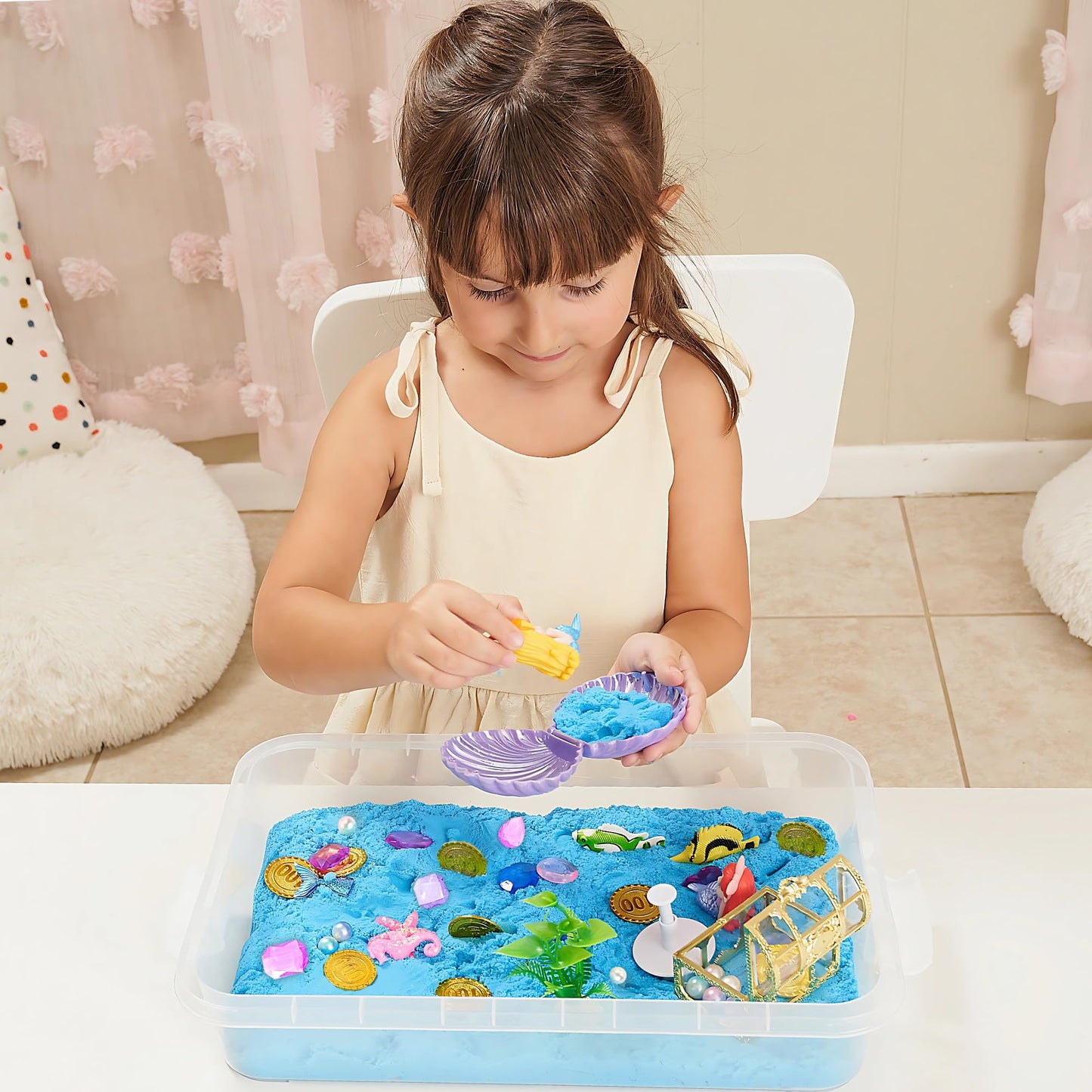 Sensationally OT 38 PCS Mermaid Sensory Bin with 2 lb Magic Sand, Ocean Molds & Treasure Accessories – Creative Sand Play Gift for Girls Ages 3–8